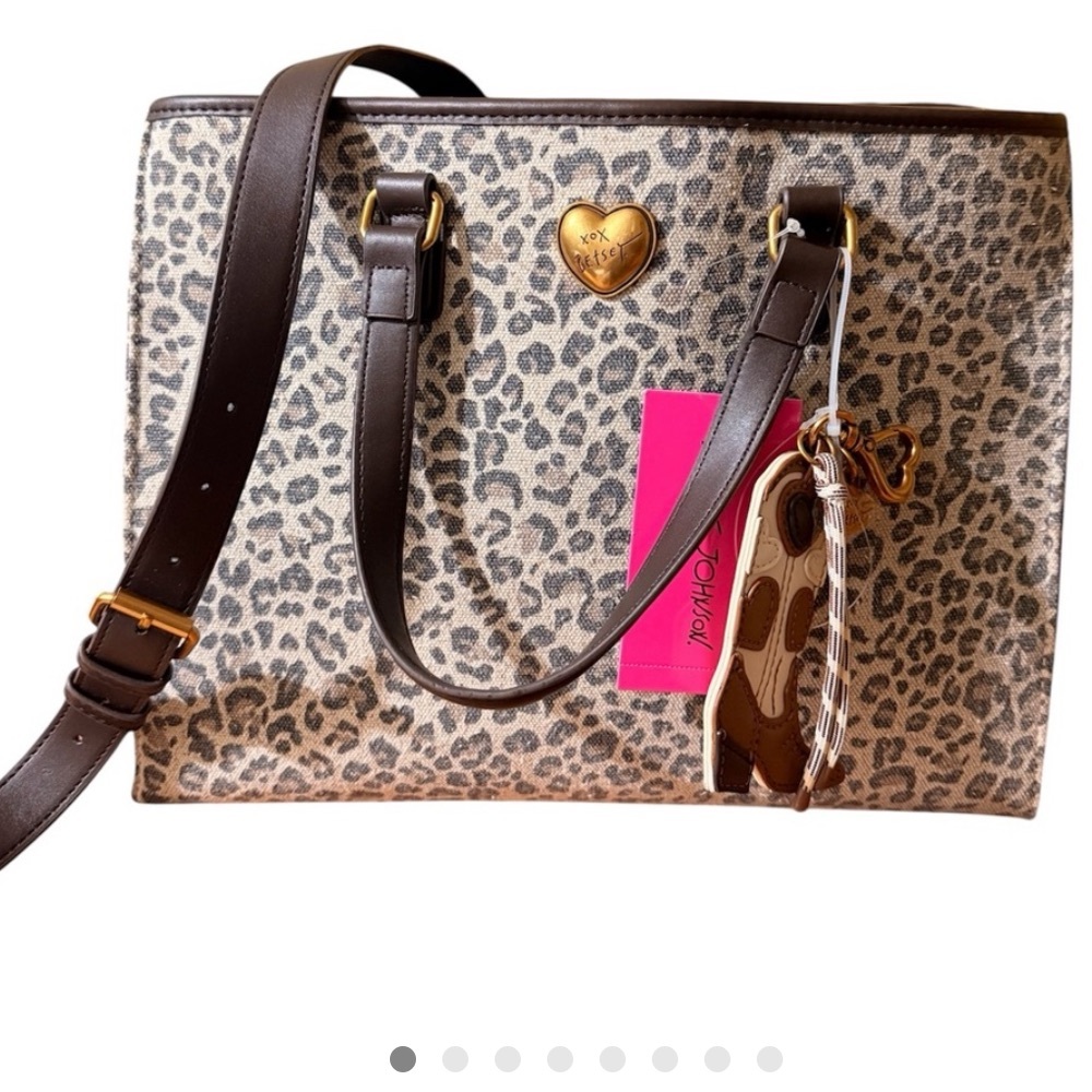 NWOT Betsey Johnson Leopard Print Tote with Dark Brown Straps and Gold Heart